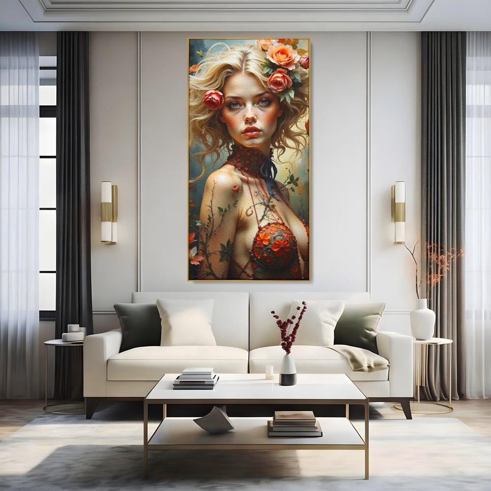 Tablou canvas cu tablou canvas cu portret de femeie blonda si flori, in rama de aluminiu auriu, pe perete intr-un living